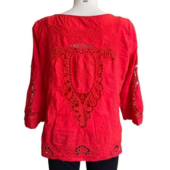 ANTHROPOLOGIE | SKIES ARE BLUE red orange embroidered blouse w/ inner tank sz M - Picture 4 of 9